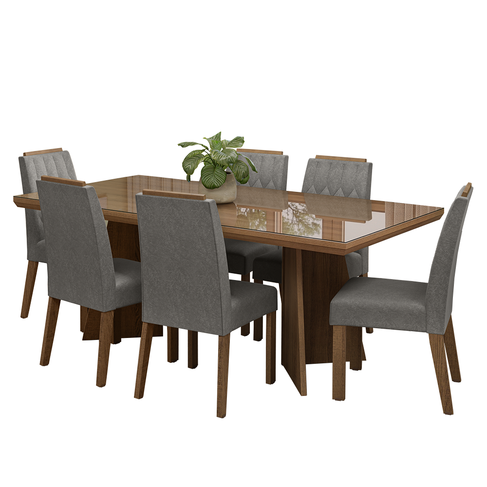 Conjunto Sala de Jantar Tampo com Vidro 6 Cadeiras Rustic/Silver Pienza Madesa