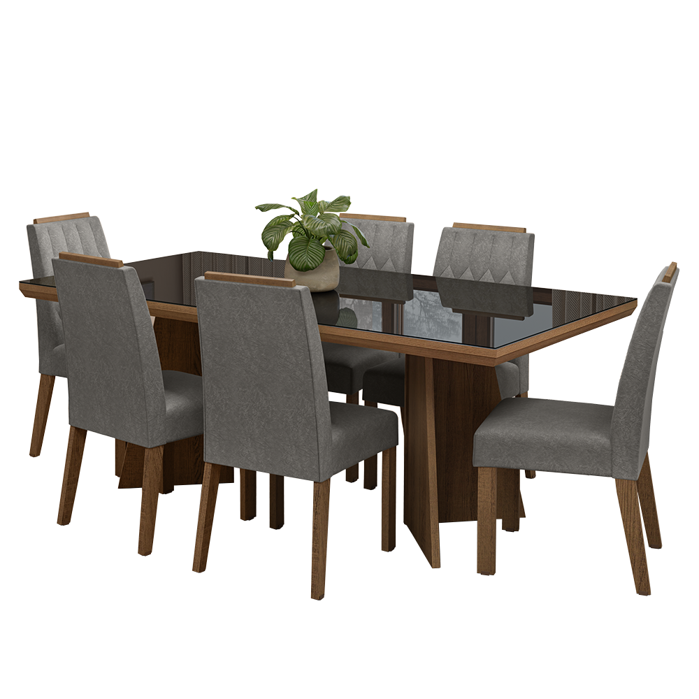Conjunto Sala de Jantar Tampo com Vidro 6 Cadeiras Rustic/Preto/Silver Pienza Madesa