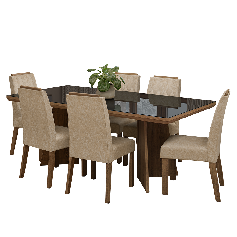 Conjunto Sala de Jantar Tampo com Vidro 6 Cadeiras Rustic/Preto/Imperial Pienza Madesa