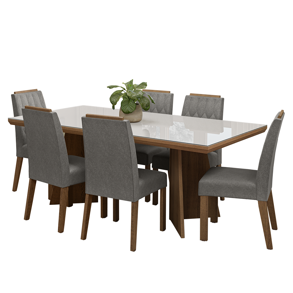 Conjunto Sala de Jantar Tampo com Vidro 6 Cadeiras Rustic/Branco/Silver Pienza Madesa