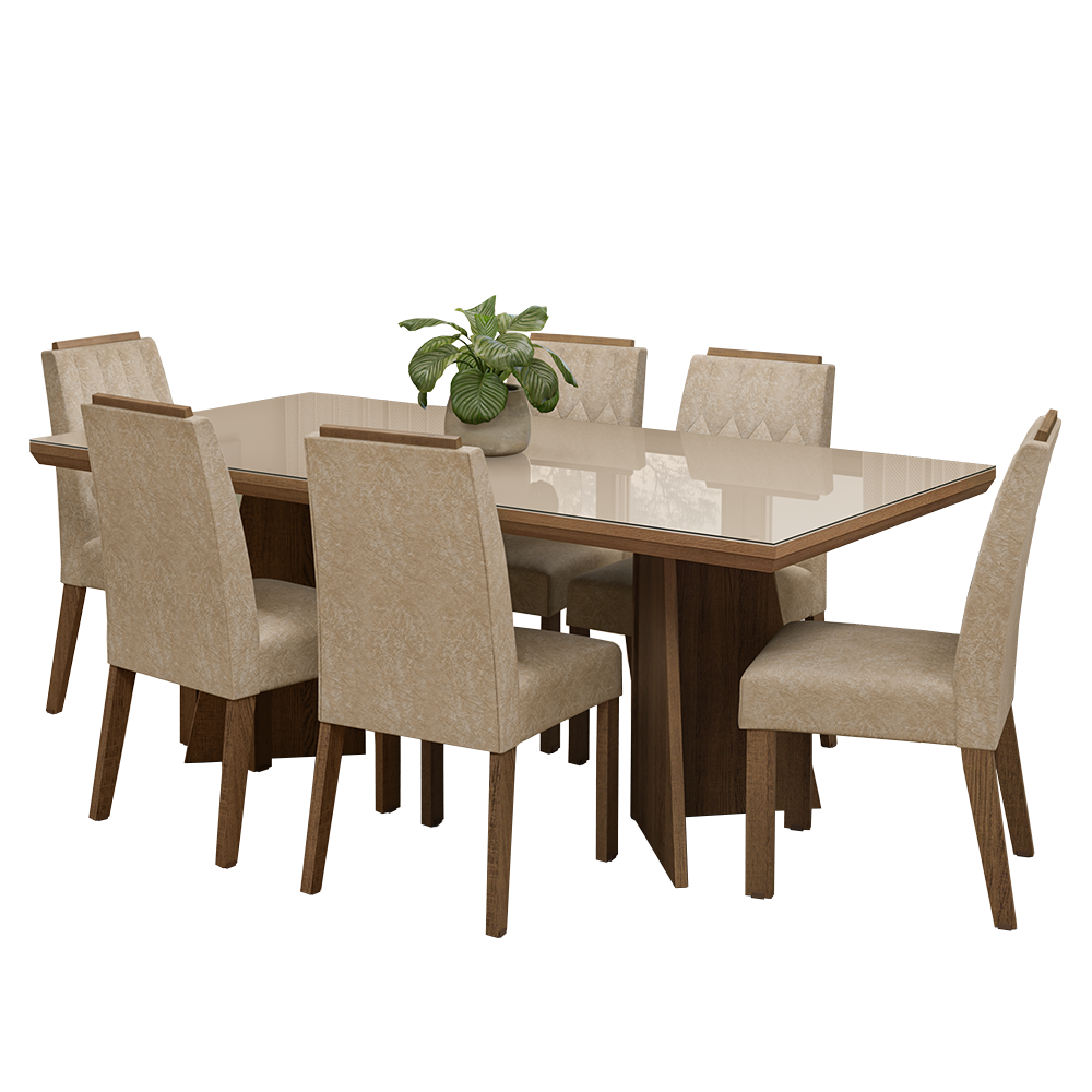 Conjunto Sala de Jantar Tampo com Vidro 6 Cadeiras Rustic/Cinza/Imperial Pienza Madesa