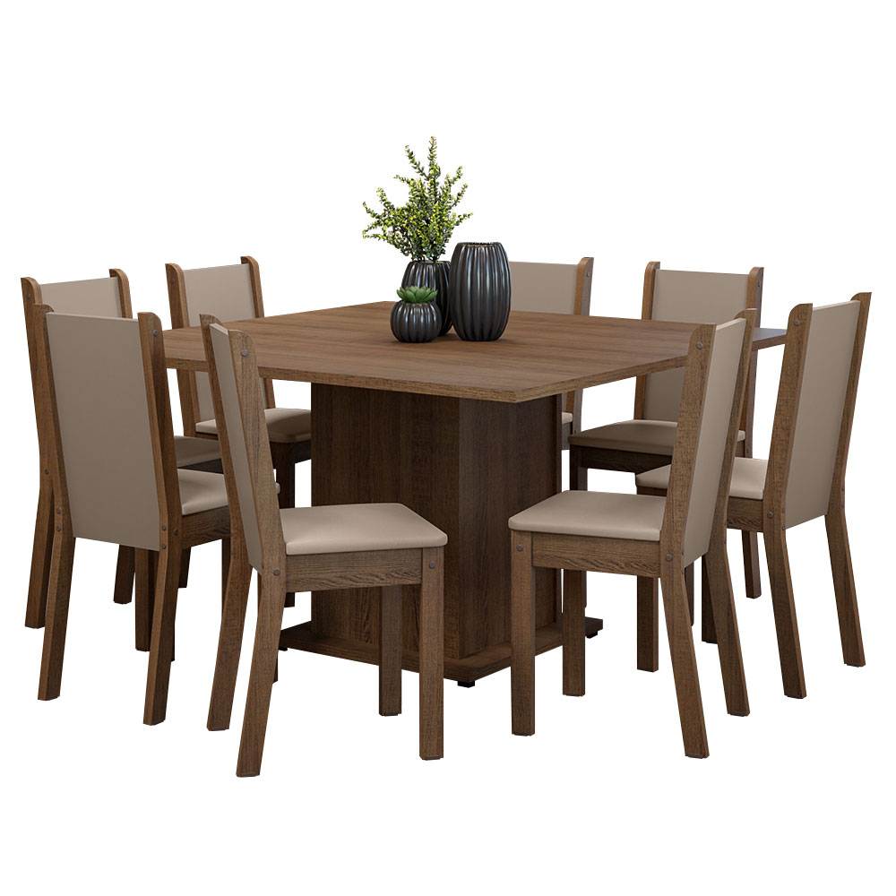 Conjunto Sala de Jantar Mesa Tampo de Madeira 8 Cadeiras Rustic/Crema/Bege Marisa Madesa