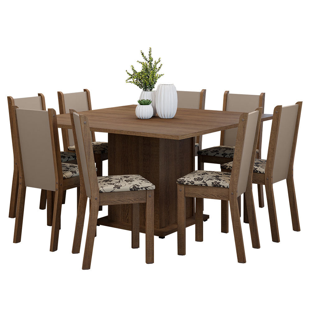 Conjunto Sala de Jantar Mesa Tampo de Madeira 8 Cadeiras Rustic/Crema/Bege Marrom Marisa Madesa