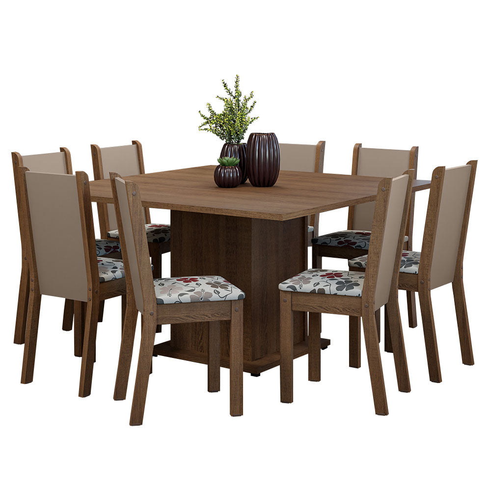 Conjunto Sala de Jantar Mesa Tampo de Madeira 8 Cadeiras Rustic/Crema/Hibiscos Marisa Madesa