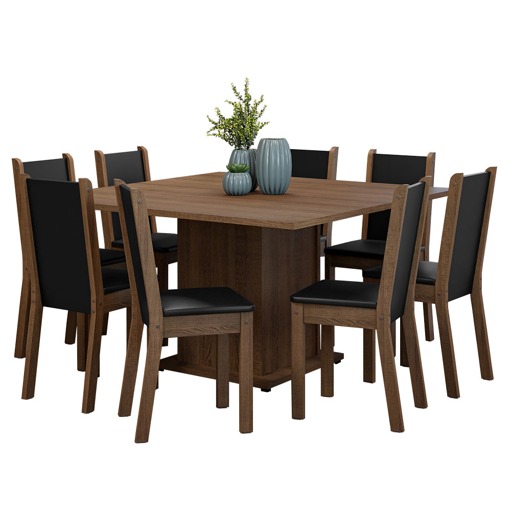 Conjunto Sala de Jantar Mesa Tampo de Madeira 8 Cadeiras Rustic/Preto Marisa Madesa
