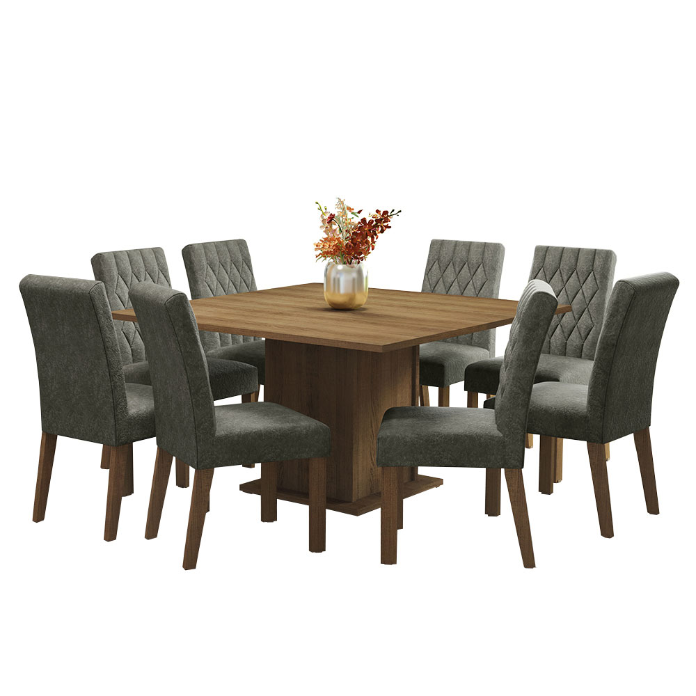 Conjunto Sala de Jantar Mesa Tampo de Madeira 8 Cadeiras Rustic/Silver Leila Madesa