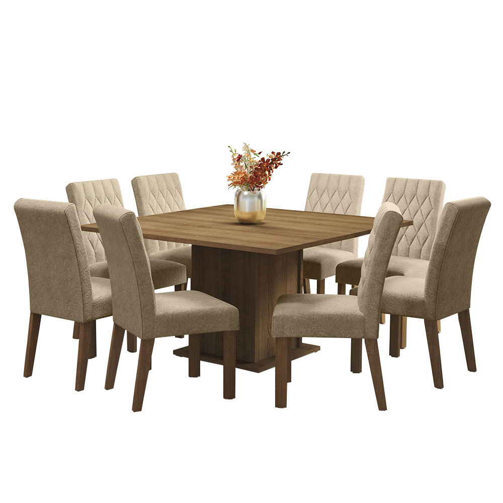 Conjunto Sala de Jantar Mesa Tampo de Madeira 8 Cadeiras Rustic/Imperial Leila Madesa