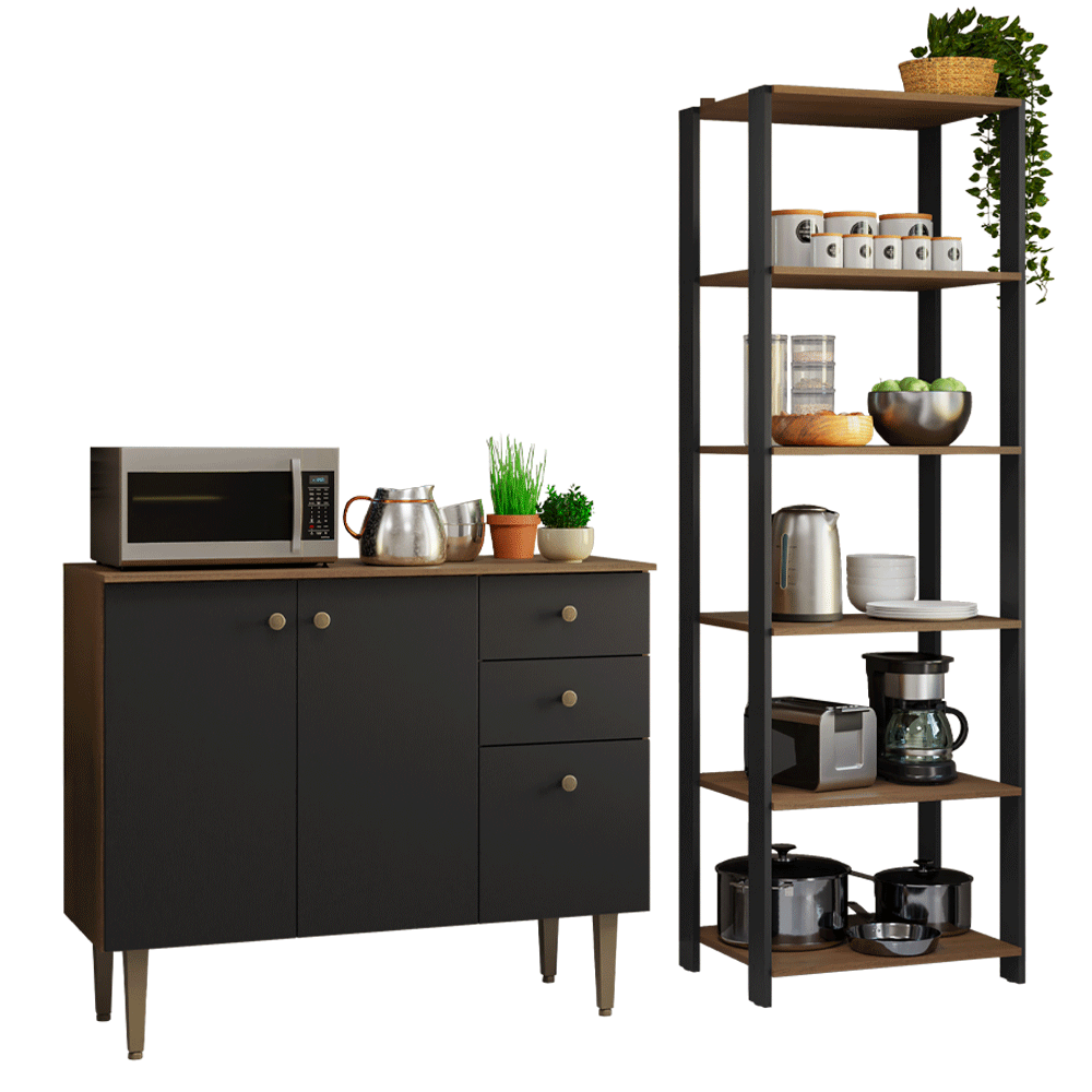 Kit Cozinha Balcão Gabinete 3 Portas 2 Gavetas e Armário Cozinha Despensa 5 Prateleiras Preto/Rustic