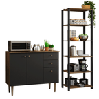 Kit Cozinha Balcão Gabinete 3 Portas 2 Gavetas e Armário Cozinha Despensa 5 Prateleiras Preto/Rustic