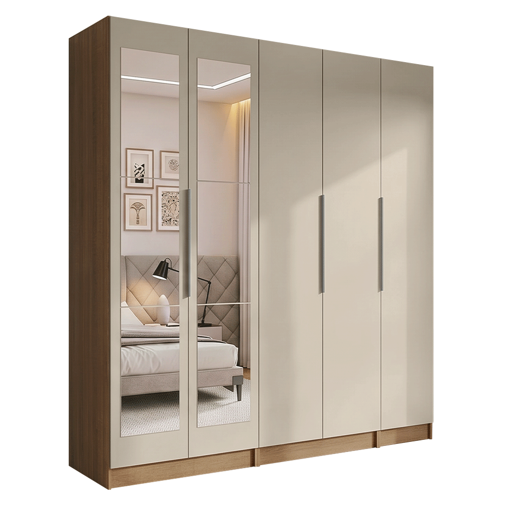 Guarda-roupa Neo 5 portas com espelhos e 2 gavetas rustic e crema