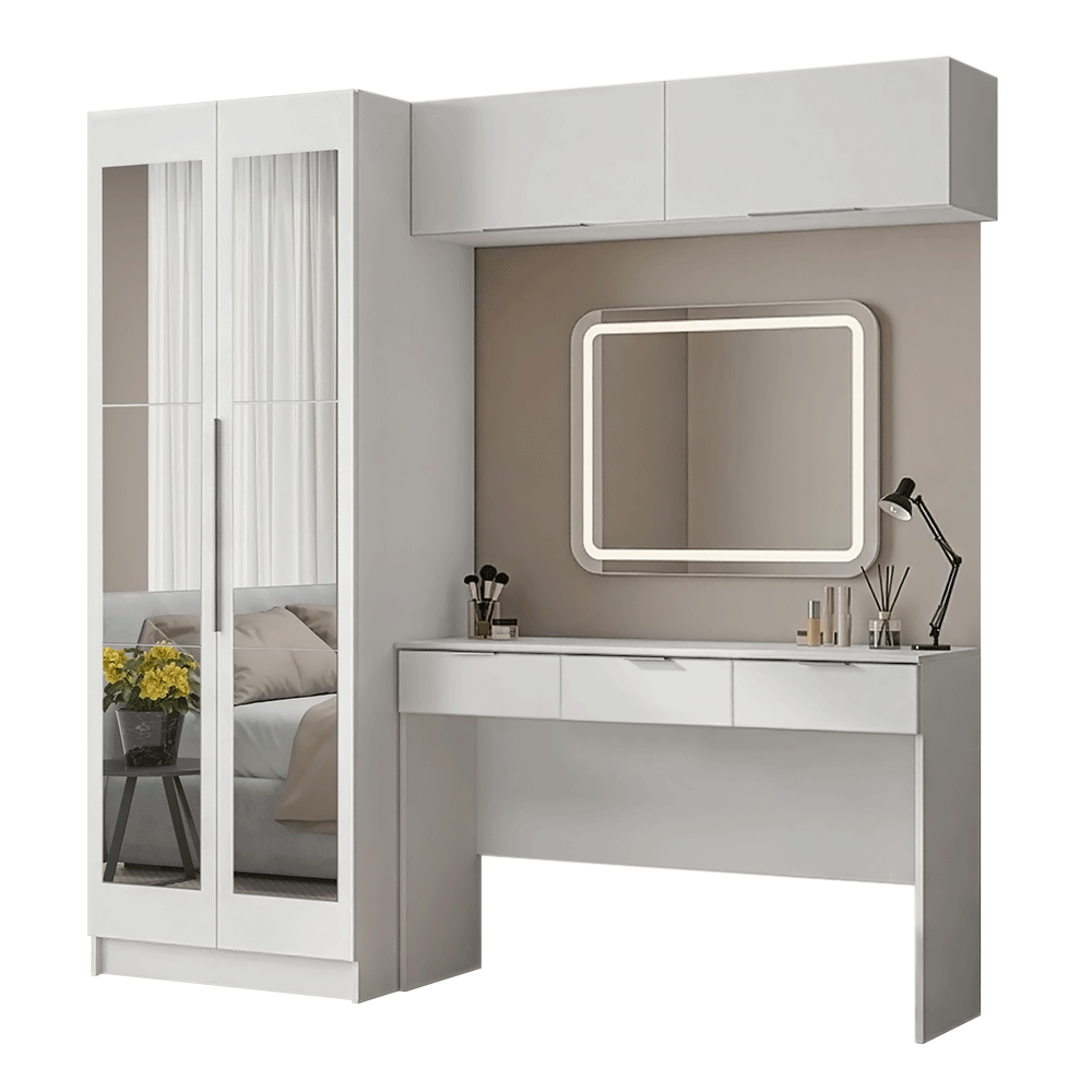 Conjunto Quarto 1 Penteadeira 2 Aéreos 1 Guarda-Roupa com Espelhos 2 Portas Neo Branco Madesa