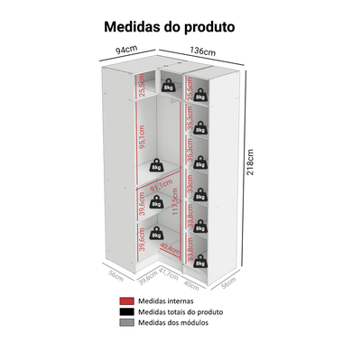 Guarda-Roupa Modulado de Canto 3 Portas com Espelhos Branco Neo Madesa