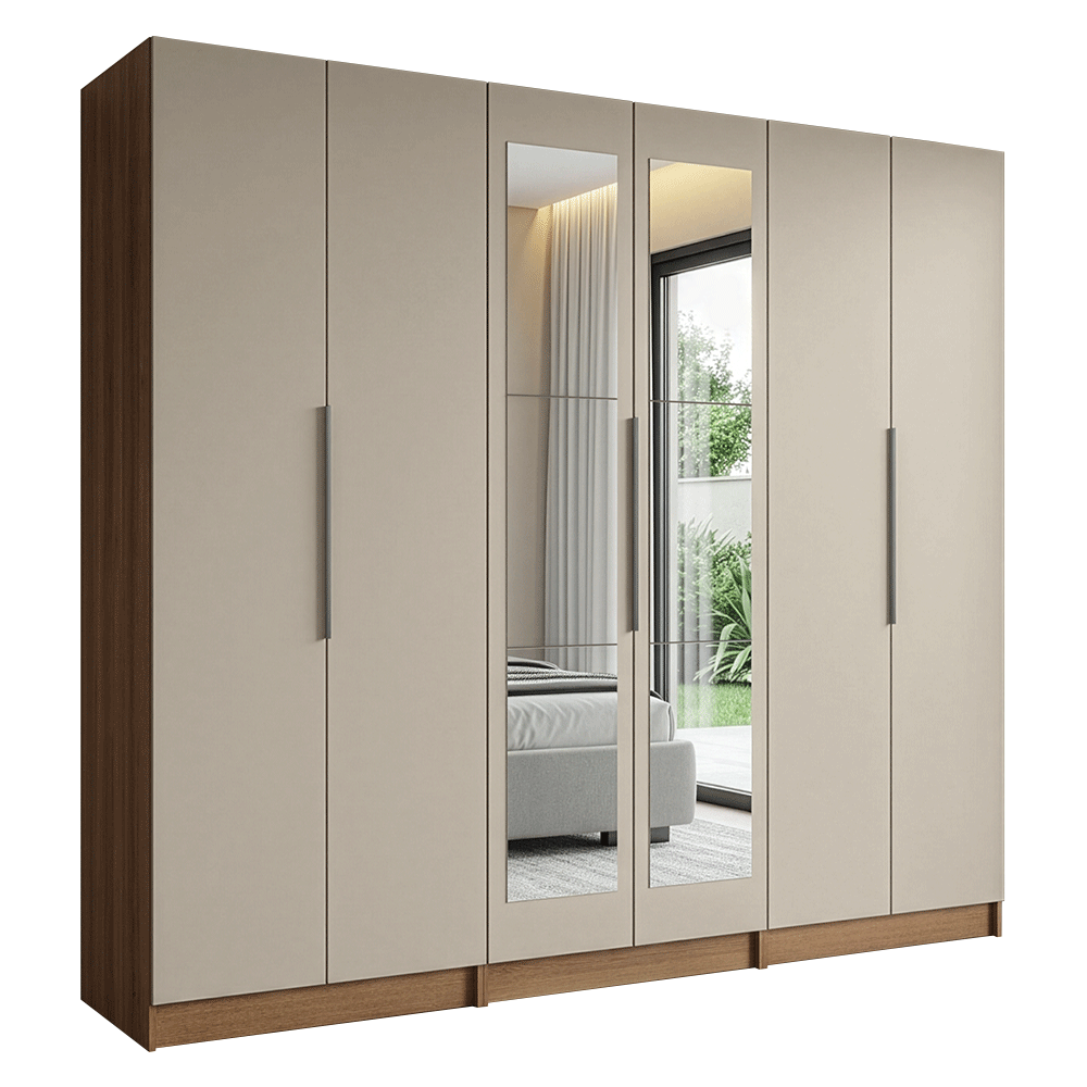 Guarda-Roupa Modulado 240 cm 6 Portas com Espelhos 4 Gavetas Rustic/Crema Neo Madesa 02