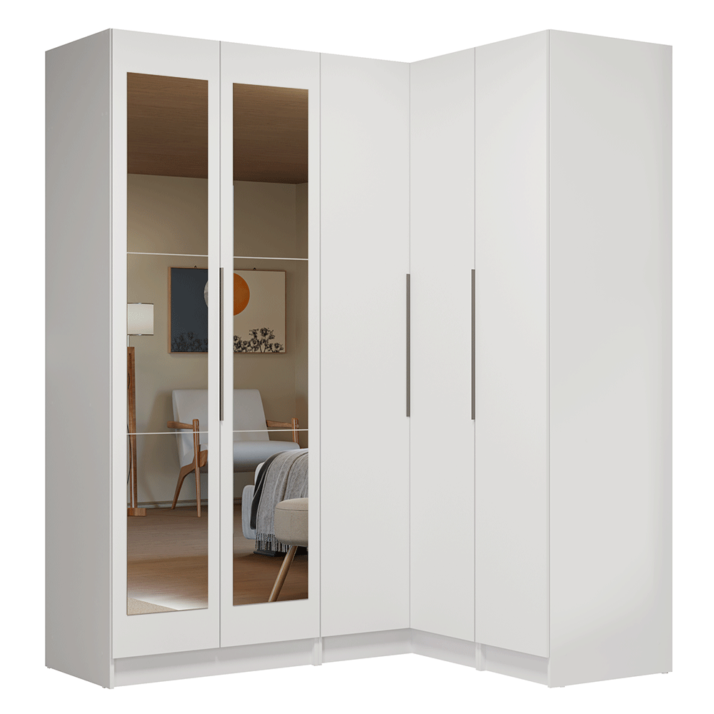 Guarda-Roupa Modulado de Canto 310 cm 5 Portas com Espelhos 2 Gavetas Branco Neo Madesa 03