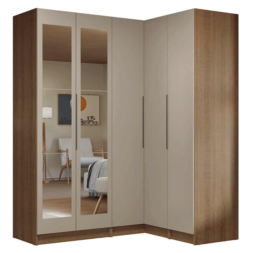 Guarda-Roupa Modulado de Canto 310 cm 5 Portas com Espelhos 2 Gavetas Rustic/Crema Neo Madesa 03