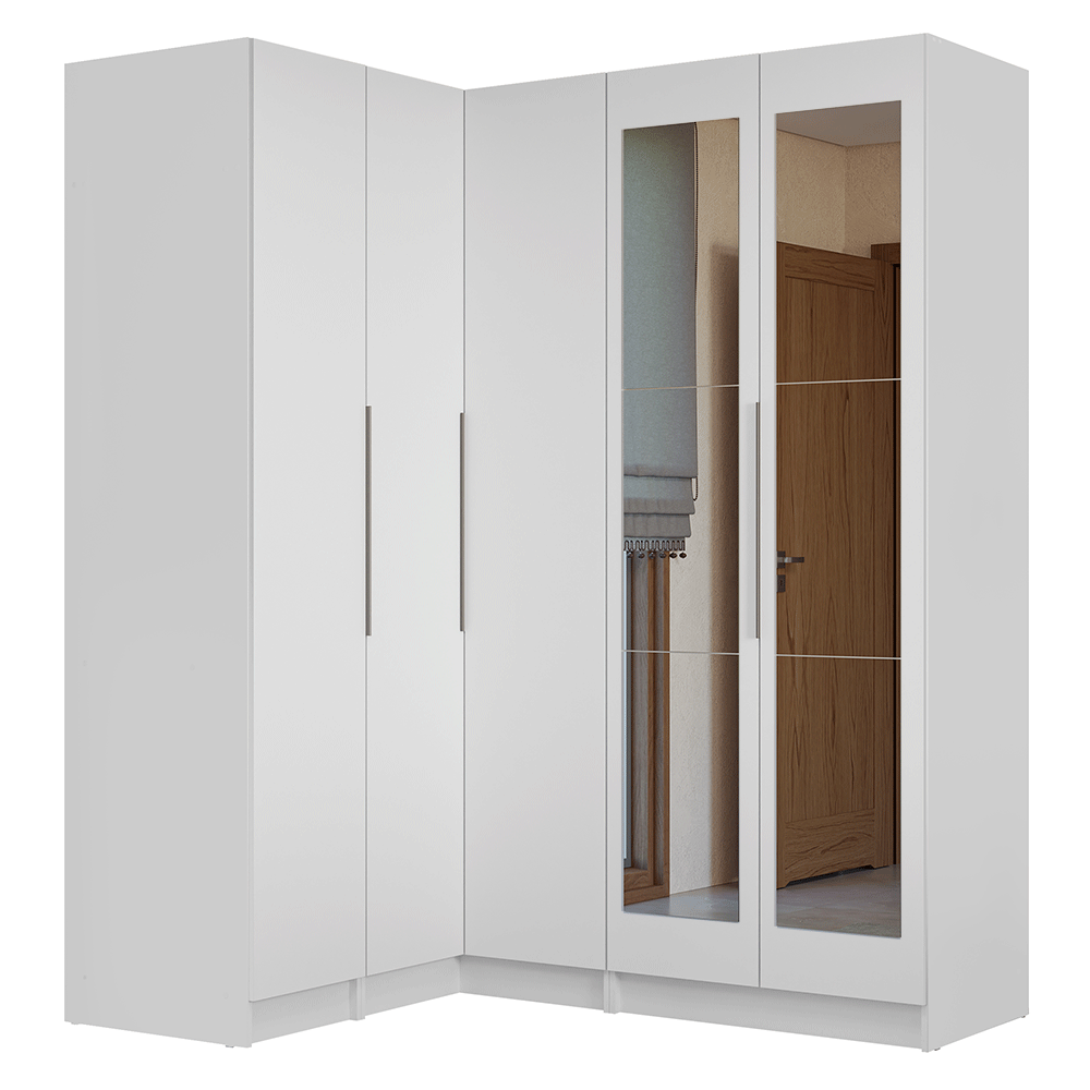 Guarda-Roupa Modulado de Canto 310 cm 5 Portas com Espelhos 2 Gavetas Branco Neo Madesa 04