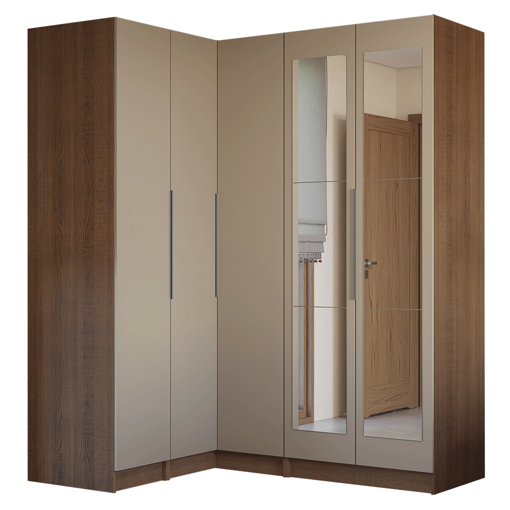Guarda-Roupa Modulado de Canto 310 cm 5 Portas com Espelhos 2 Gavetas Rustic/Crema Neo Madesa 04