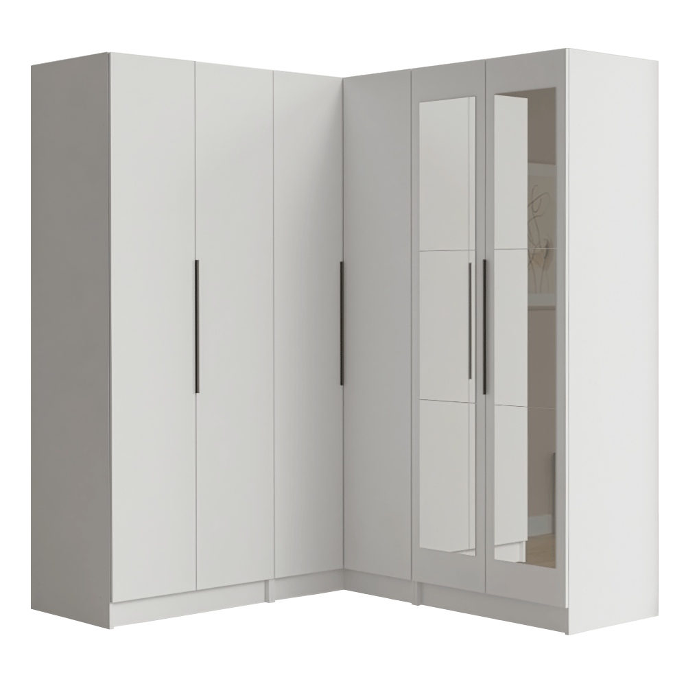 Guarda-Roupa Modulado de Canto 350 cm 6 Portas com Espelhos 4 Gavetas Branco Neo Madesa 02