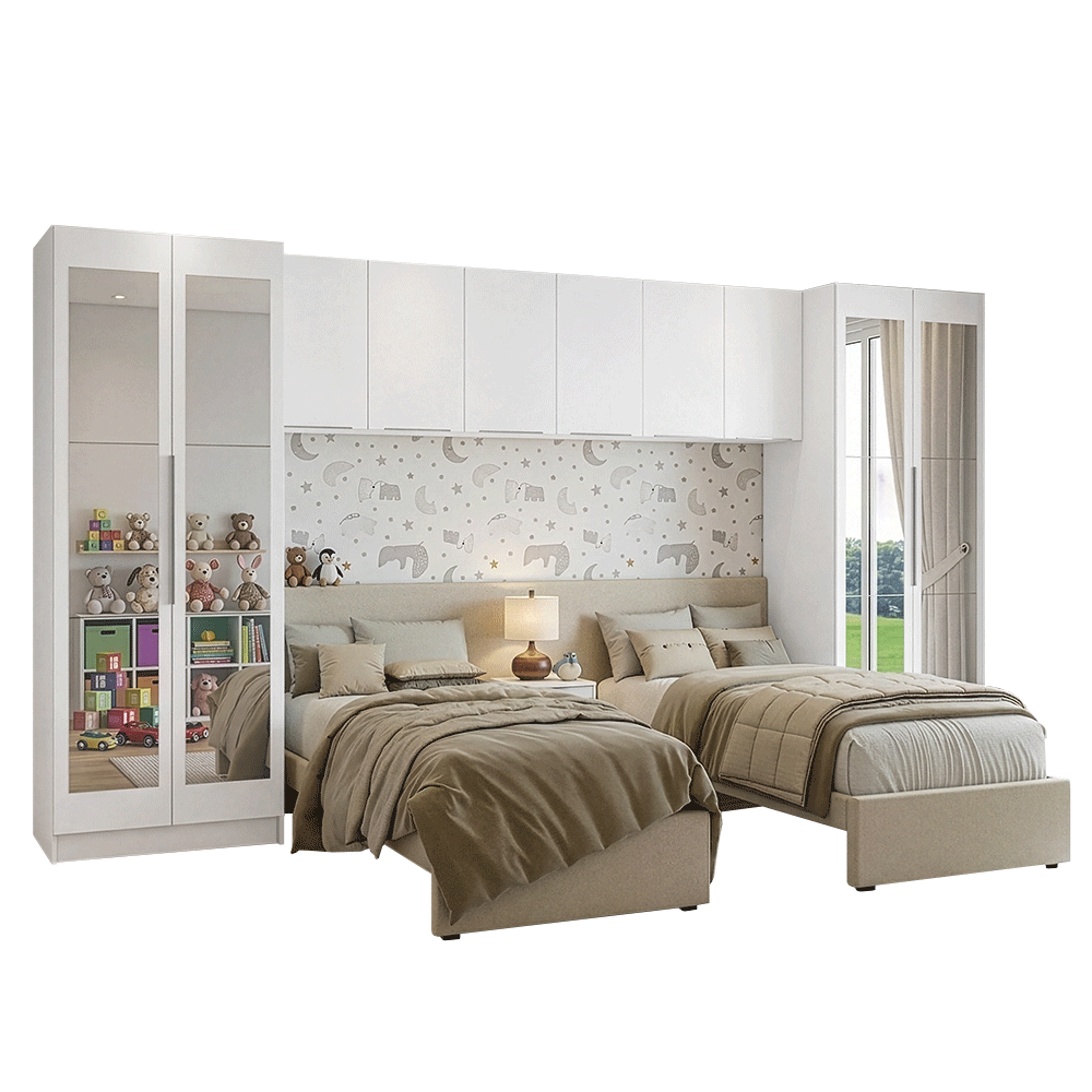 Quarto Infantil com 2 Guarda-Roupas com Espelhos Neo 3 Aéreos 1 Mesa de Cabeceira Branco Madesa