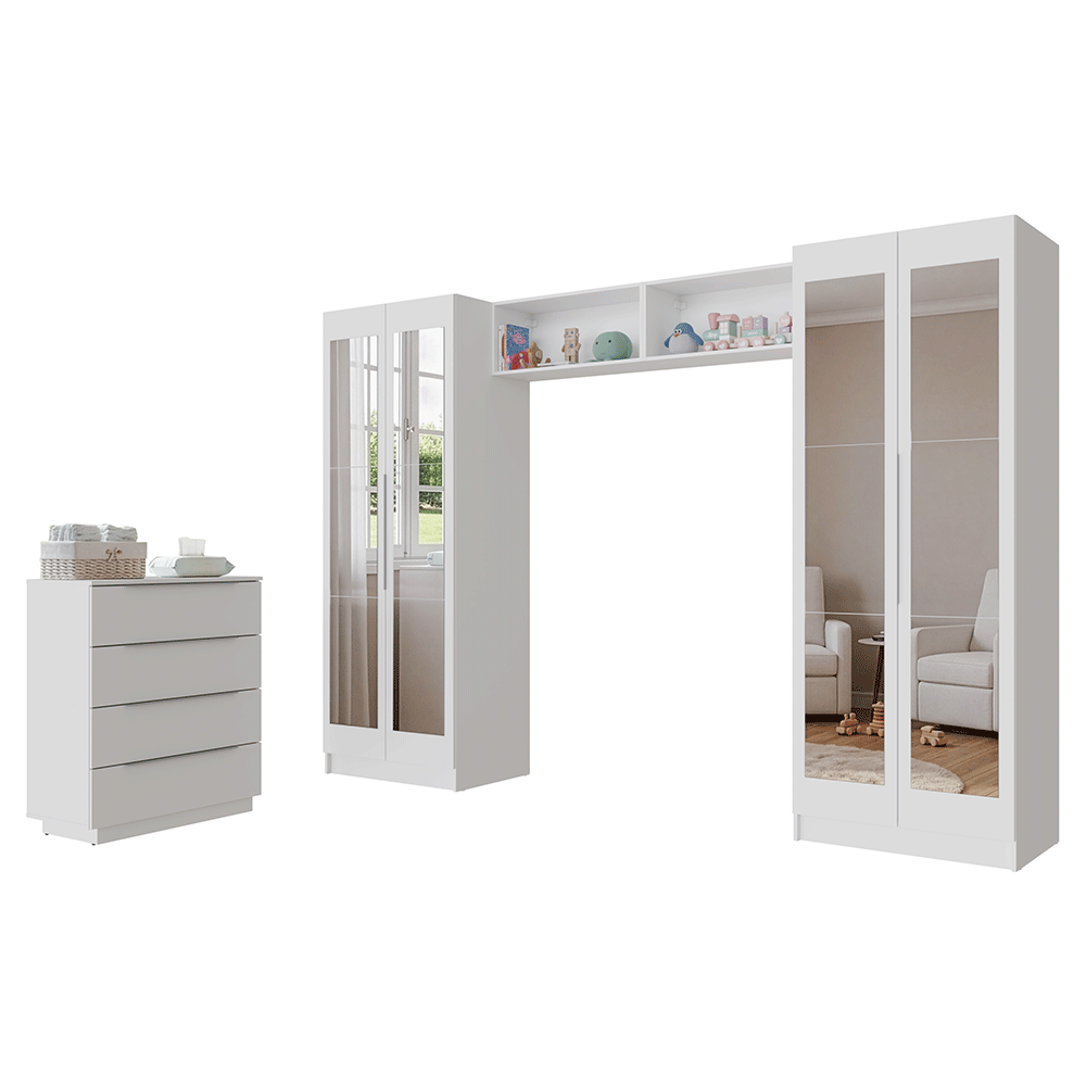 Quarto Infantil com 2 Guarda-Roupas Neo com Espelhos 2 Aéreos 1 Cômoda Branco Madesa 04