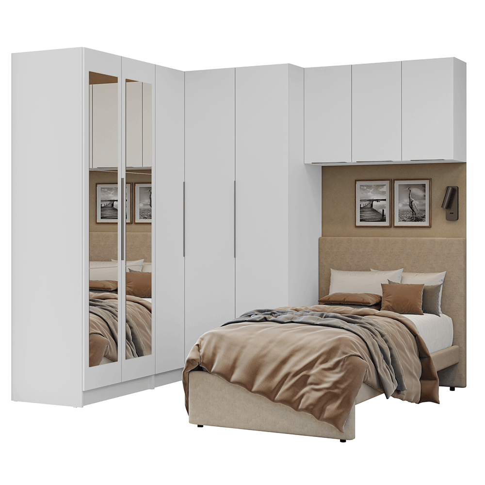 Quarto Completo de Canto Solteiro 415 cm Guarda-Roupa com Espelhos Branco Neo Madesa 02
