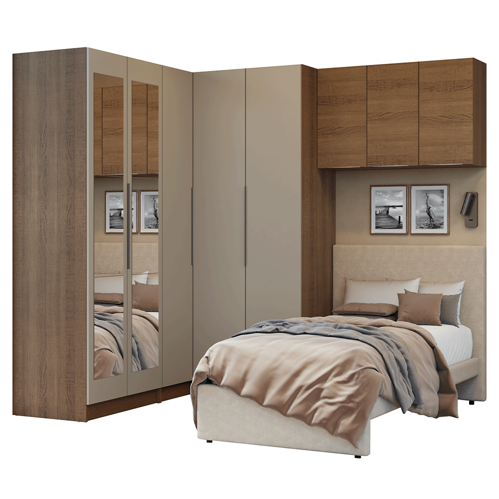 Quarto Completo de Canto Solteiro 415 cm Guarda-Roupa com Espelhos Rustic/Crema Neo Madesa 02