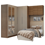 Quarto Completo de Canto Solteiro 415 cm Guarda-Roupa com Espelhos Rustic/Crema Neo Madesa 02