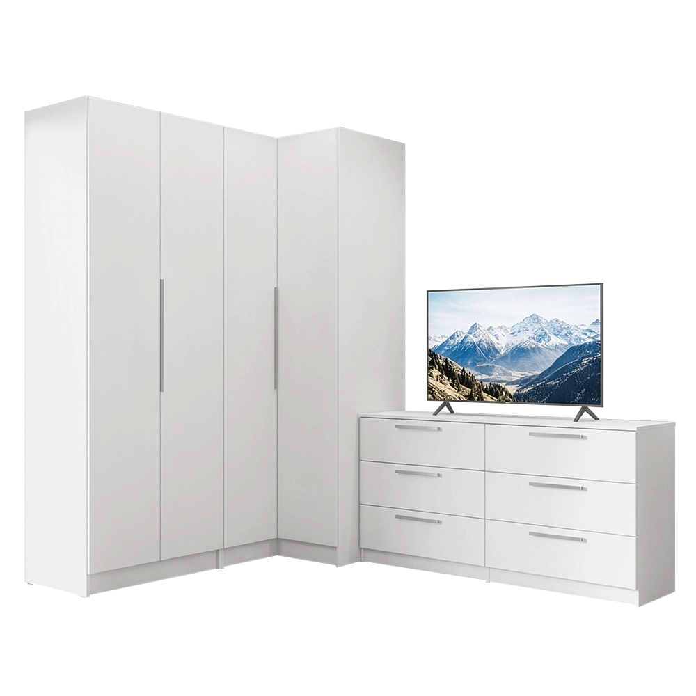 Conjunto Quarto com 2 Guarda-Roupas Neo 1 Cômoda/Móvel para TV Branco Madesa