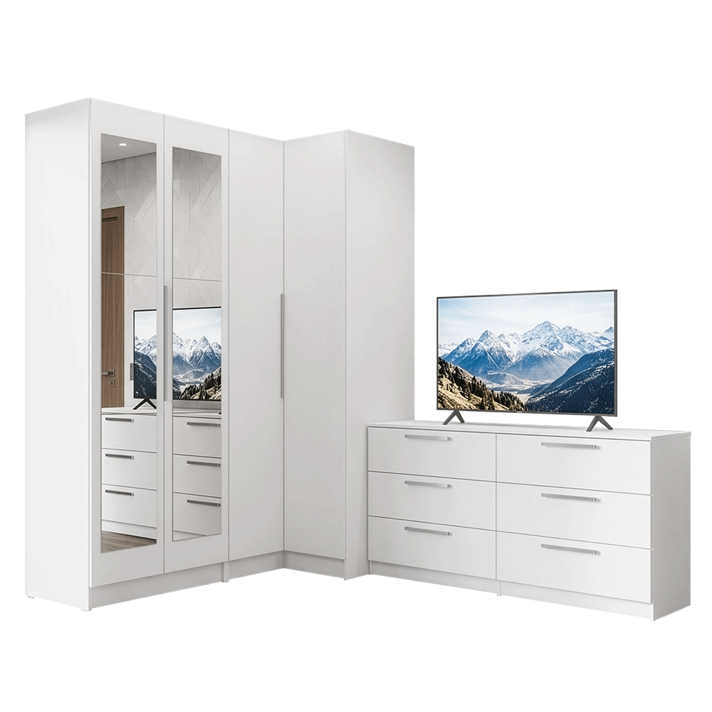 Conjunto Quarto com 2 Guarda-Roupas com Espelhos Neo 1 Cômoda/Móvel para TV Branco Madesa