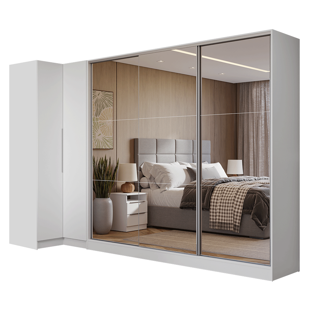 Guarda-Roupa Modulado Neo + Guarda-Roupa Royale 3 Portas de Correr de Espelho Branco Madesa