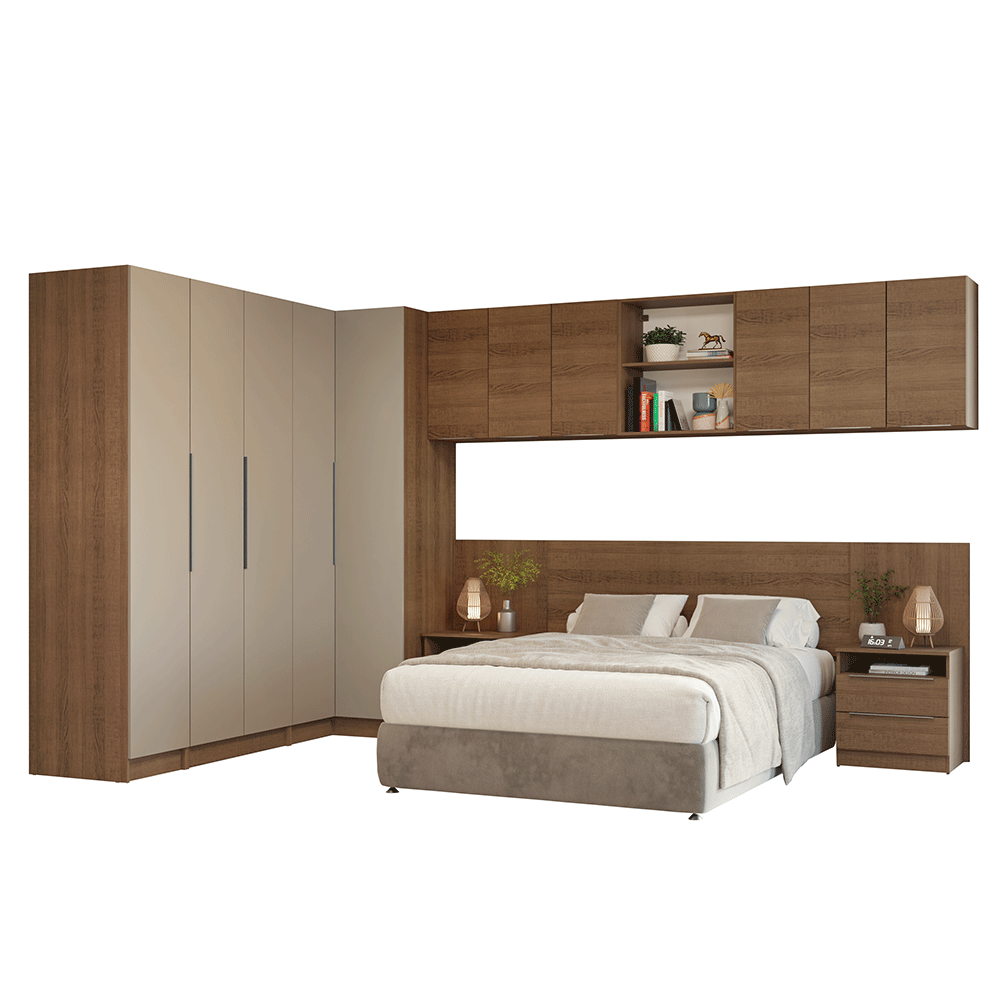 Quarto Completo Casal de Canto 580 cm com Mesa de Cabeceira Rustic/Crema Neo Madesa