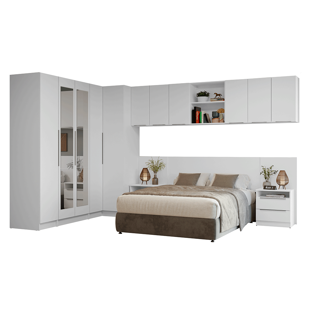Quarto Completo Casal 580 cm Guarda-Roupa de Canto com Espelhos Branco Neo Madesa 02