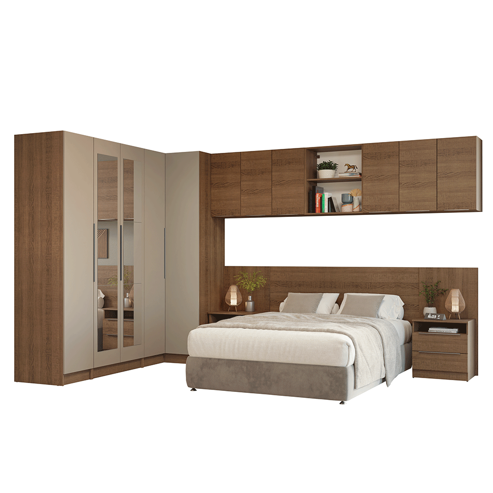 Quarto Completo Casal 580 cm Guarda-Roupa de Canto com Espelhos Rustic/Crema Neo Madesa 02
