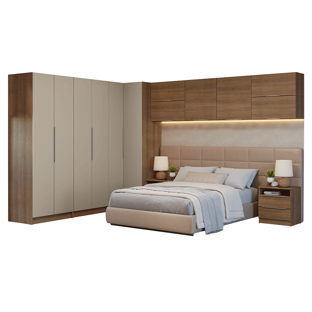 Quarto Completo Casal de Canto 610 cm com Mesa de Cabeceira Rustic/Crema Neo Madesa