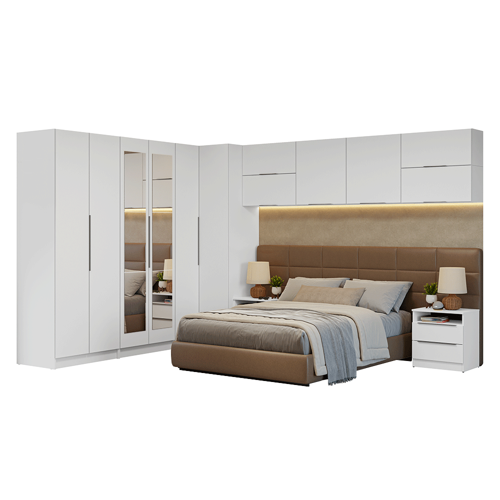 Quarto Completo de Canto Casal 610 cm com Mesa de Cabeceira Branco Neo Madesa