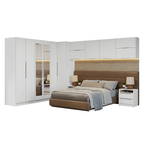 Quarto Completo de Canto Casal 610 cm com Mesa de Cabeceira Branco Neo Madesa