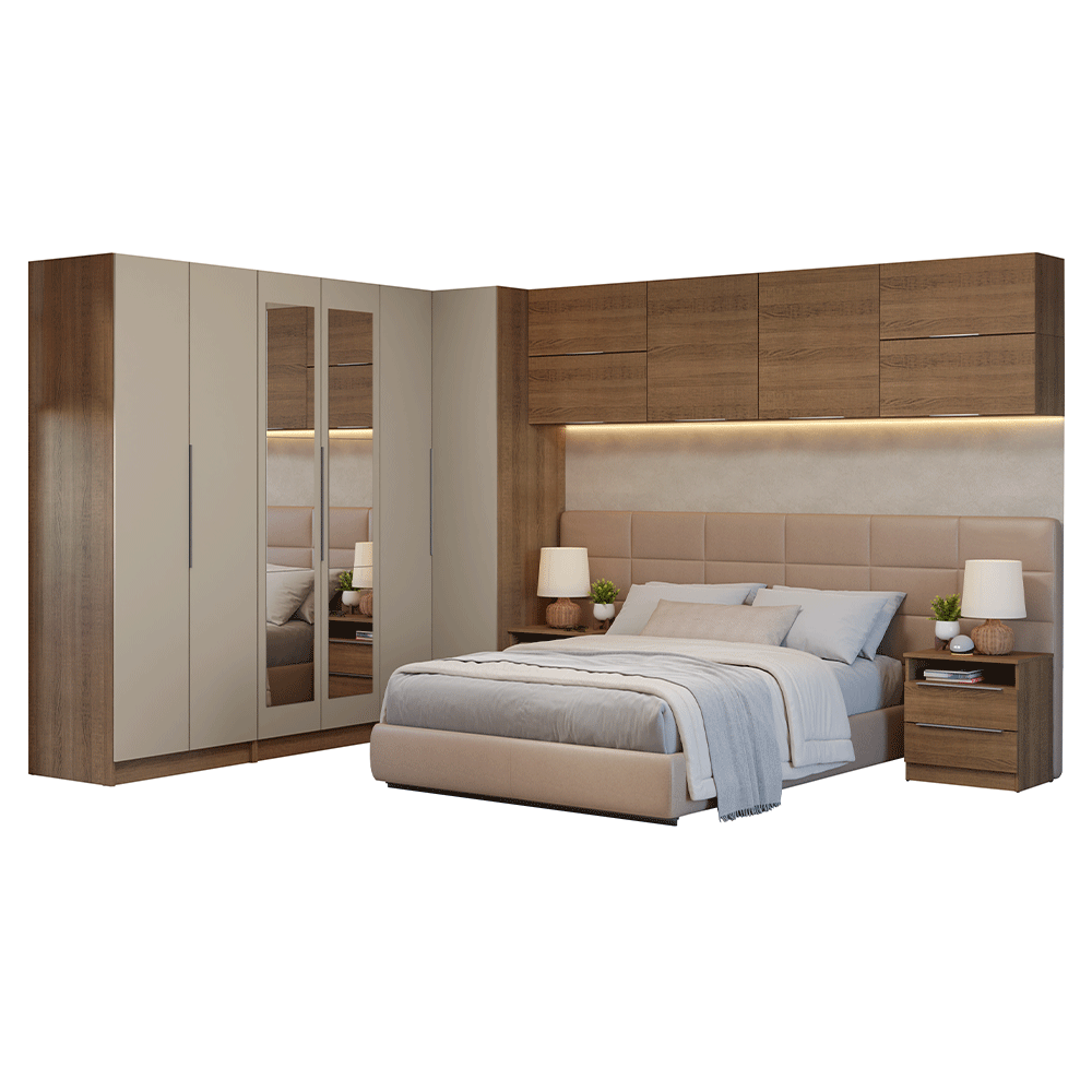 Quarto Completo de Canto Casal 610 cm com Mesa de Cabeceira Rustic/Crema Neo Madesa