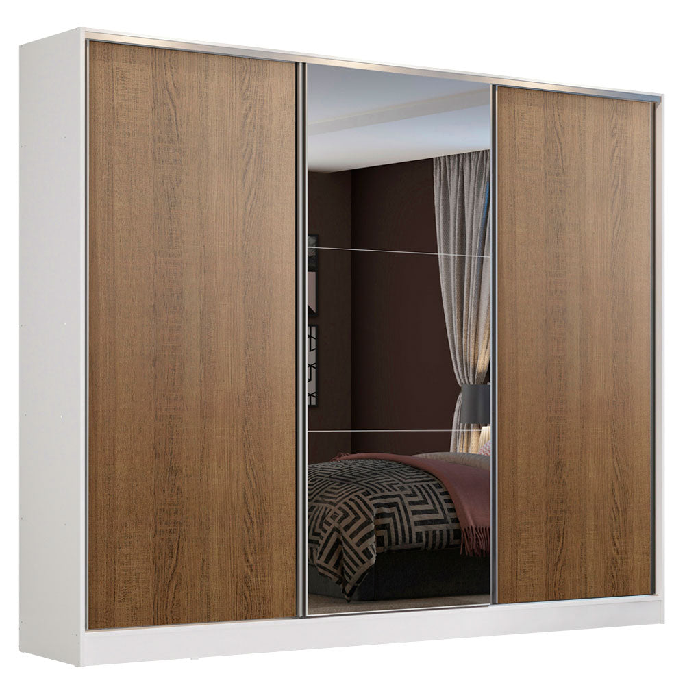 Guarda-Roupa Casal 100% MDF Madesa Zurique 3 Portas de Correr com Espelho Branco/Rustic