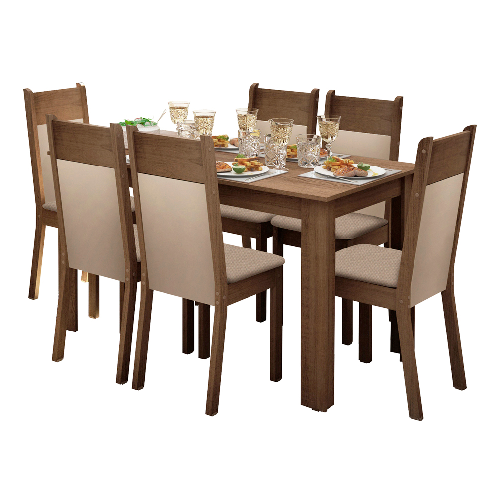 Conjunto Sala de Jantar Tampo de Madeira 6 Cadeiras Rustic/Crema/Bege Malta Madesa
