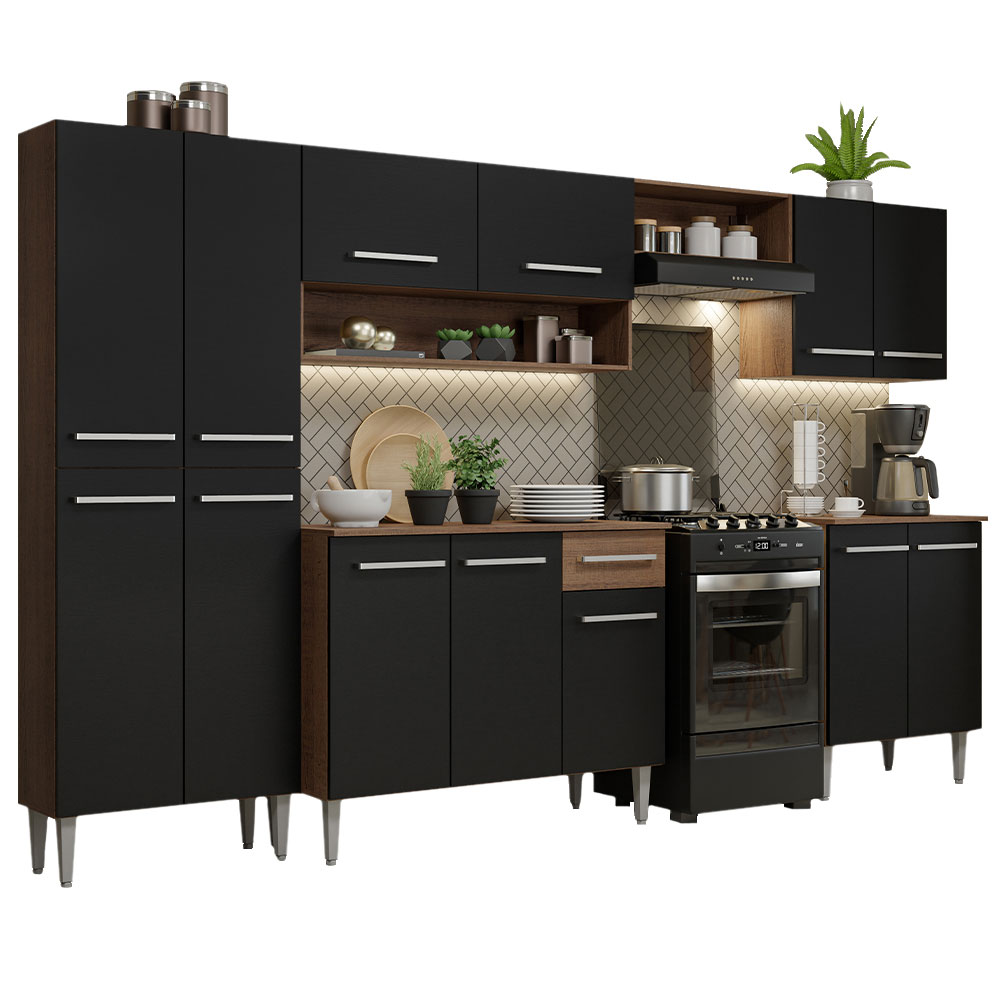 Armário de Cozinha Completa 293cm Rustic/Preto Emilly Madesa 01 XT