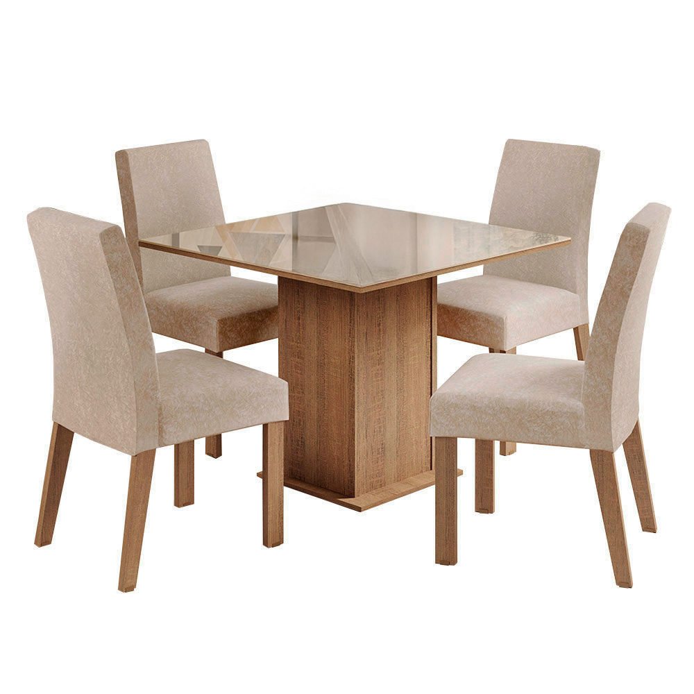 Conjunto Sala de Jantar Tampo de Vidro 4 Cadeiras Rustic/Crema/Imperial Nevada Madesa