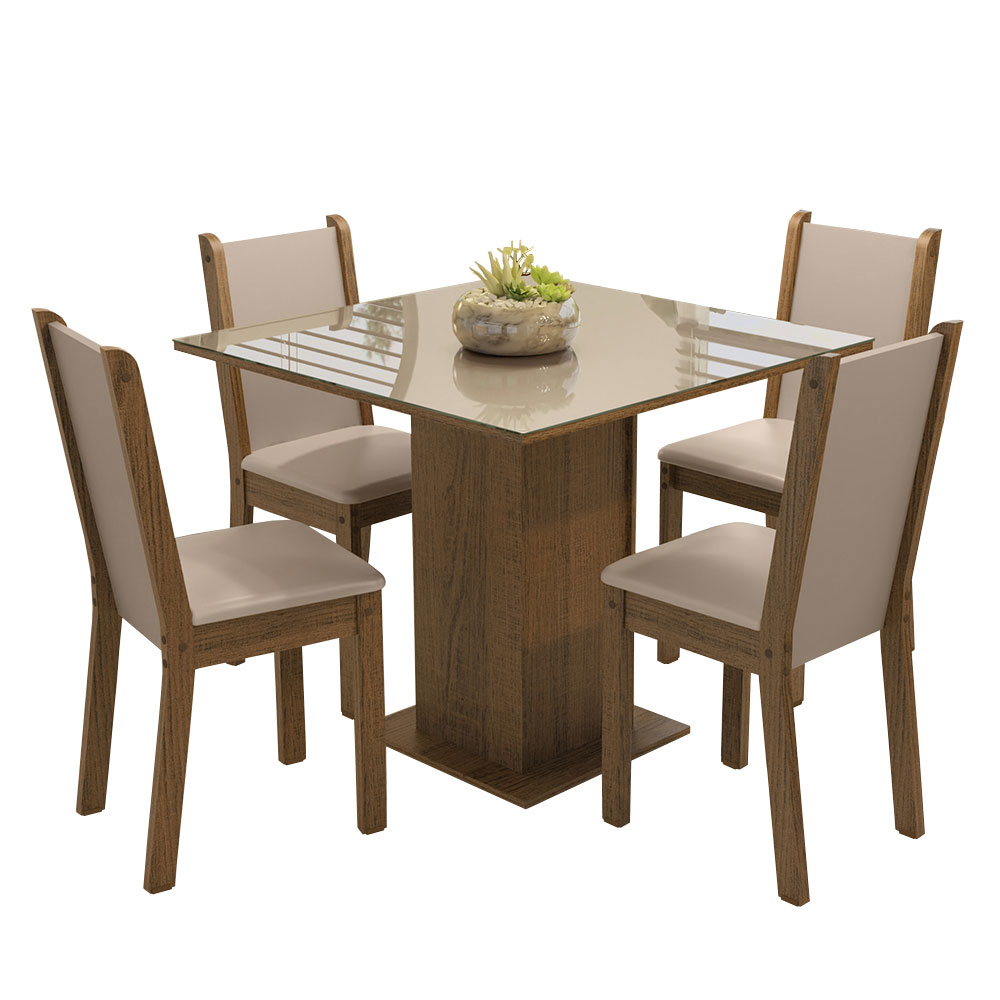 Conjunto Sala de Jantar Tampo de Vidro 4 Cadeiras Rustic/Crema/Bege Leme Madesa