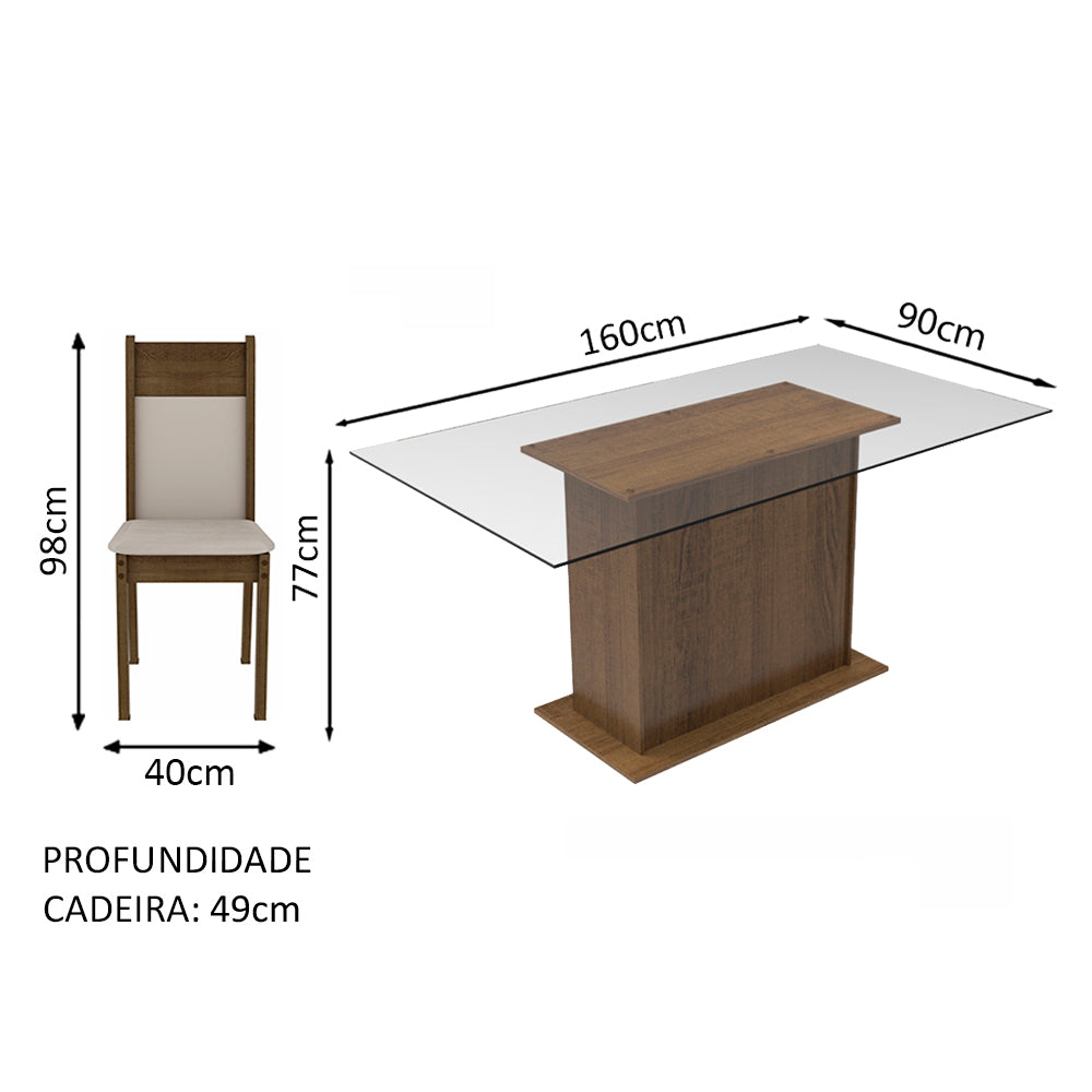 Conjunto Sala de Jantar Madesa Atlanta Mesa Tampo de Vidro com 6 Cadeiras Rustic/Crema/Sintético Bege