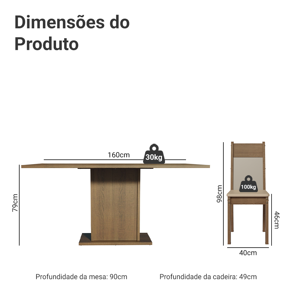 Conjunto Sala de Jantar Lousiana Madesa Mesa Tampo de Madeira com 6 Cadeiras Rustic/Crema/Sintético Bege