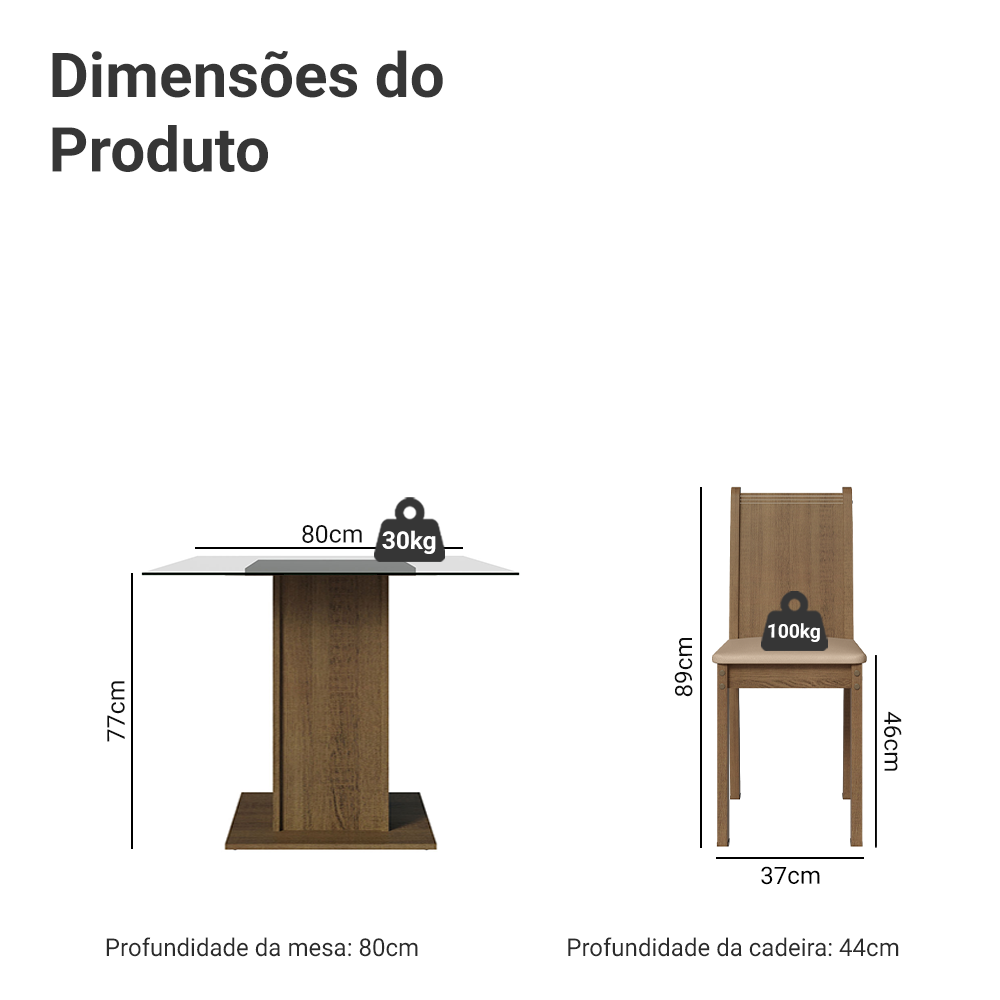 Conjunto Sala de Jantar Madesa Magda Mesa Tampo de Vidro com 4 Cadeiras Rustic/Sintético Bege