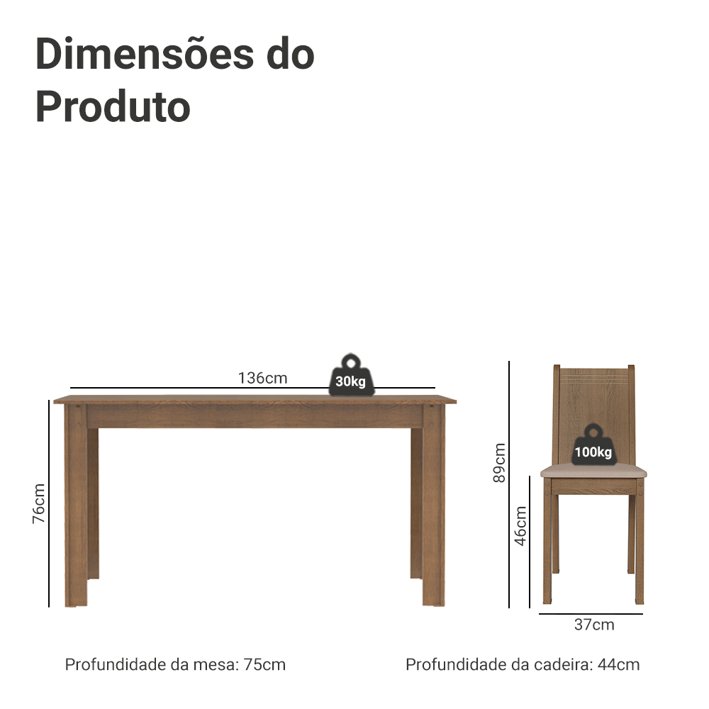 Conjunto Sala de Jantar Madesa Maris Mesa Tampo de Madeira com 6 Cadeiras Rustic/Sintético Bege