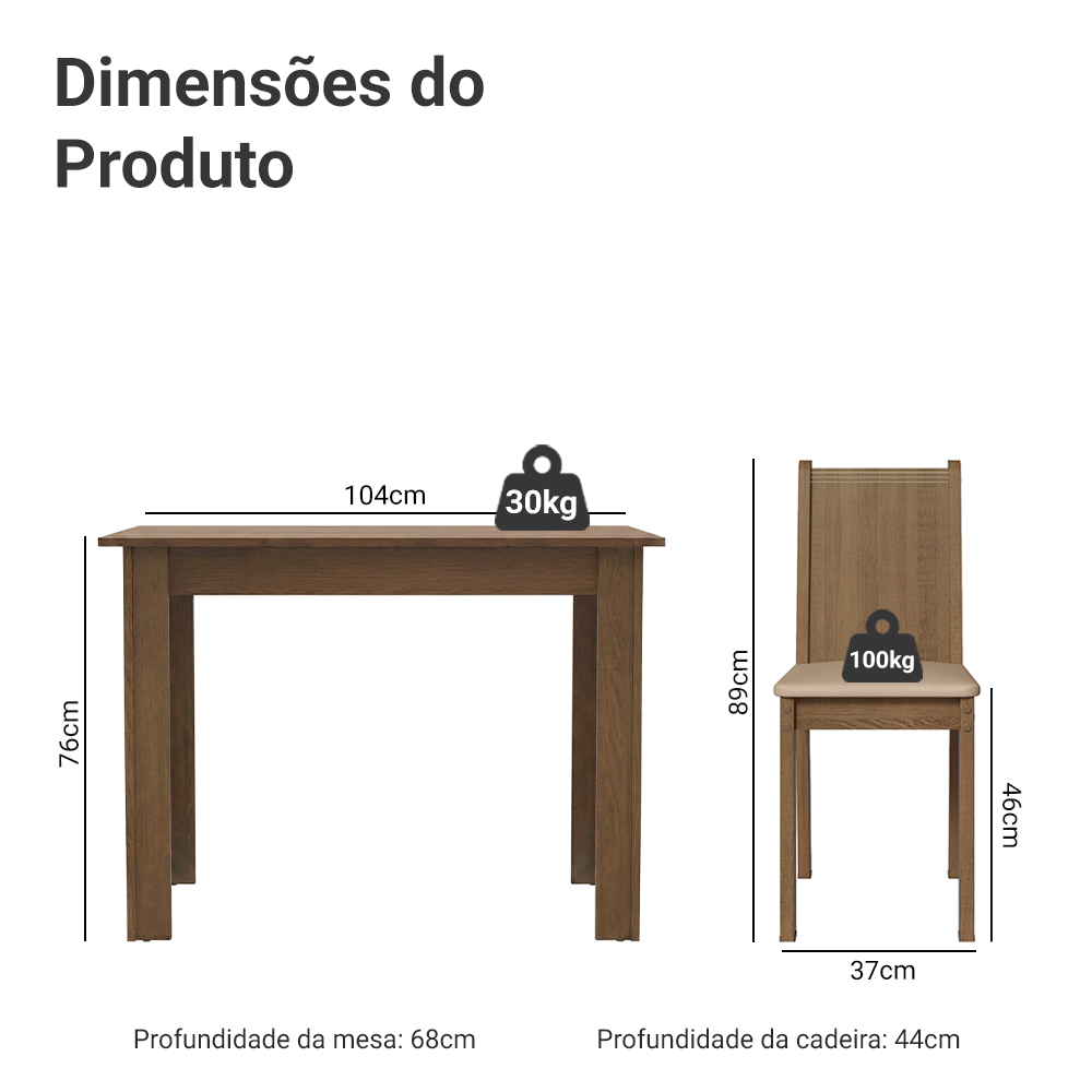 Conjunto Sala de Jantar Madesa Rute Mesa Tampo de Madeira com 4 Cadeiras Rustic/Sintético Bege