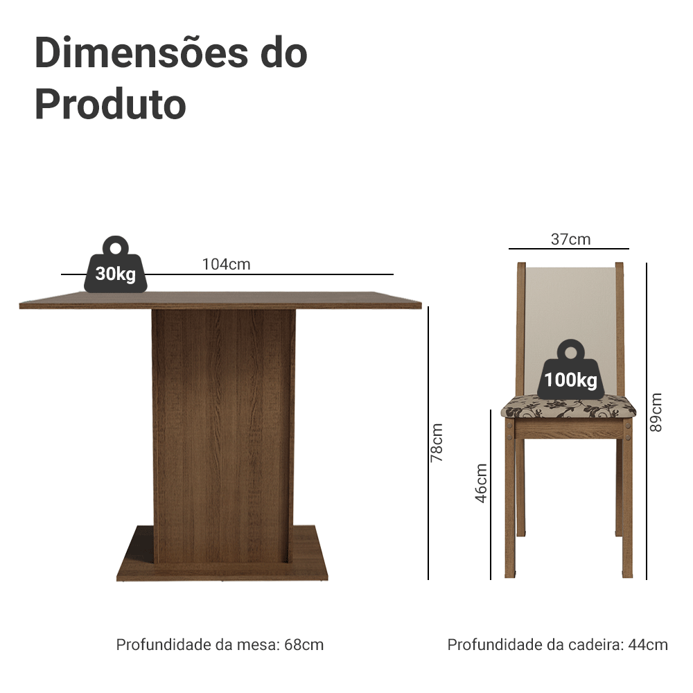 Conjunto Sala de Jantar Madesa Talita Mesa Tampo de Madeira com 4 Cadeiras Rustic/Crema/Bege Marrom
