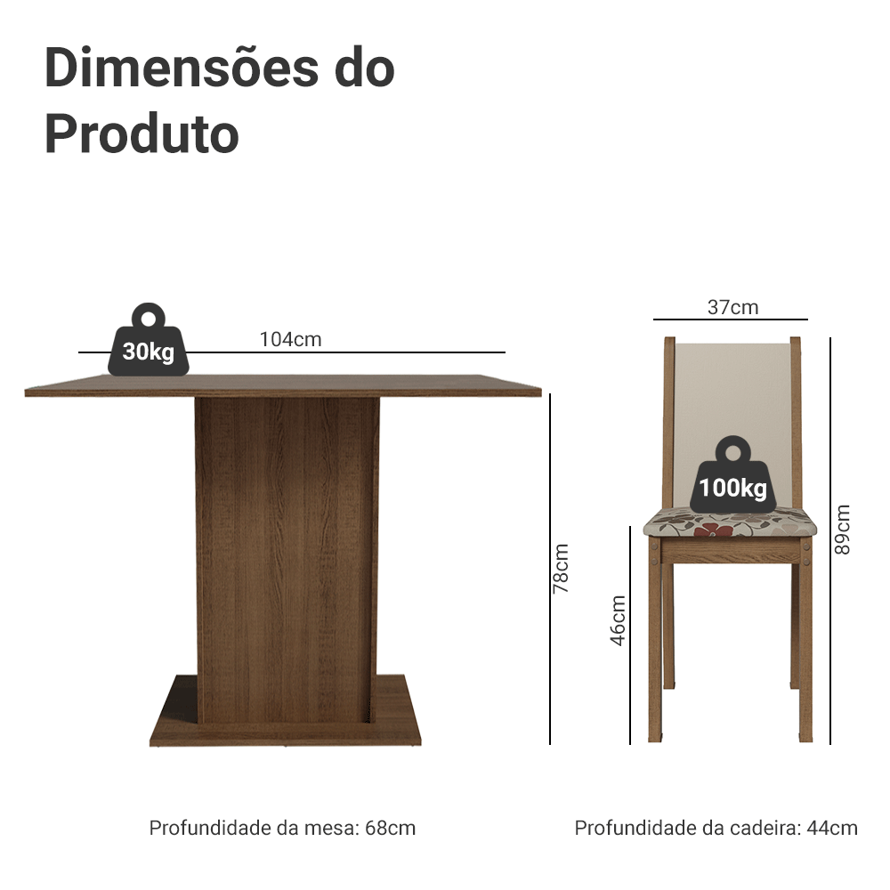 Conjunto Sala de Jantar Madesa Talita Mesa Tampo de Madeira com 4 Cadeiras Rustic/Crema/Floral Hibiscos