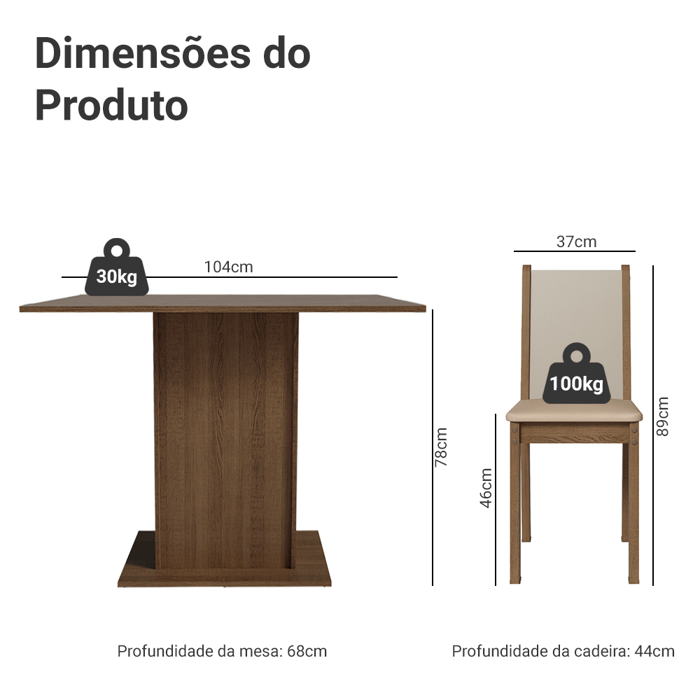 Conjunto Sala de Jantar Mesa Tampo de Madeira com 4 Cadeiras Rustic/Crema/Sintético Bege Talita Madesa